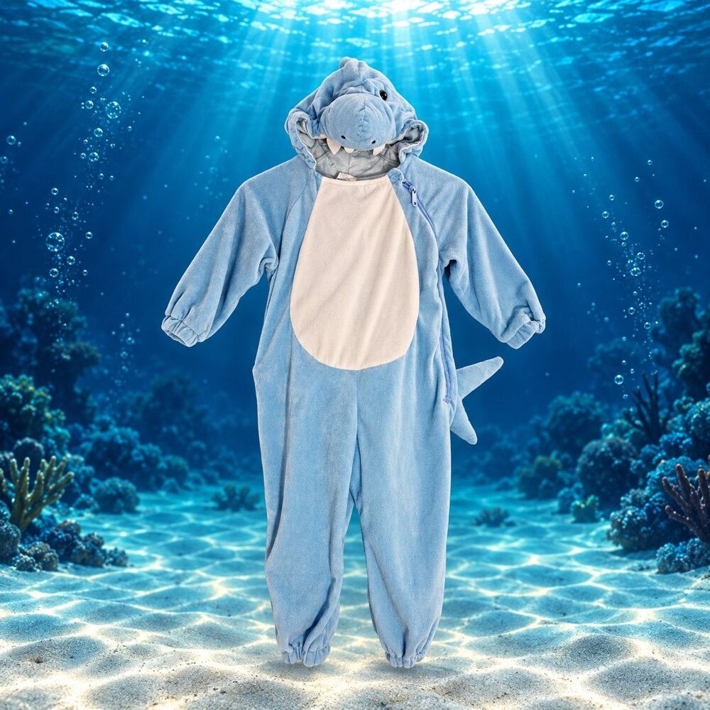 Toddler Shark Costume 2T 3T Blue Plush Hooded Jumpsuit Halloween Baby C110